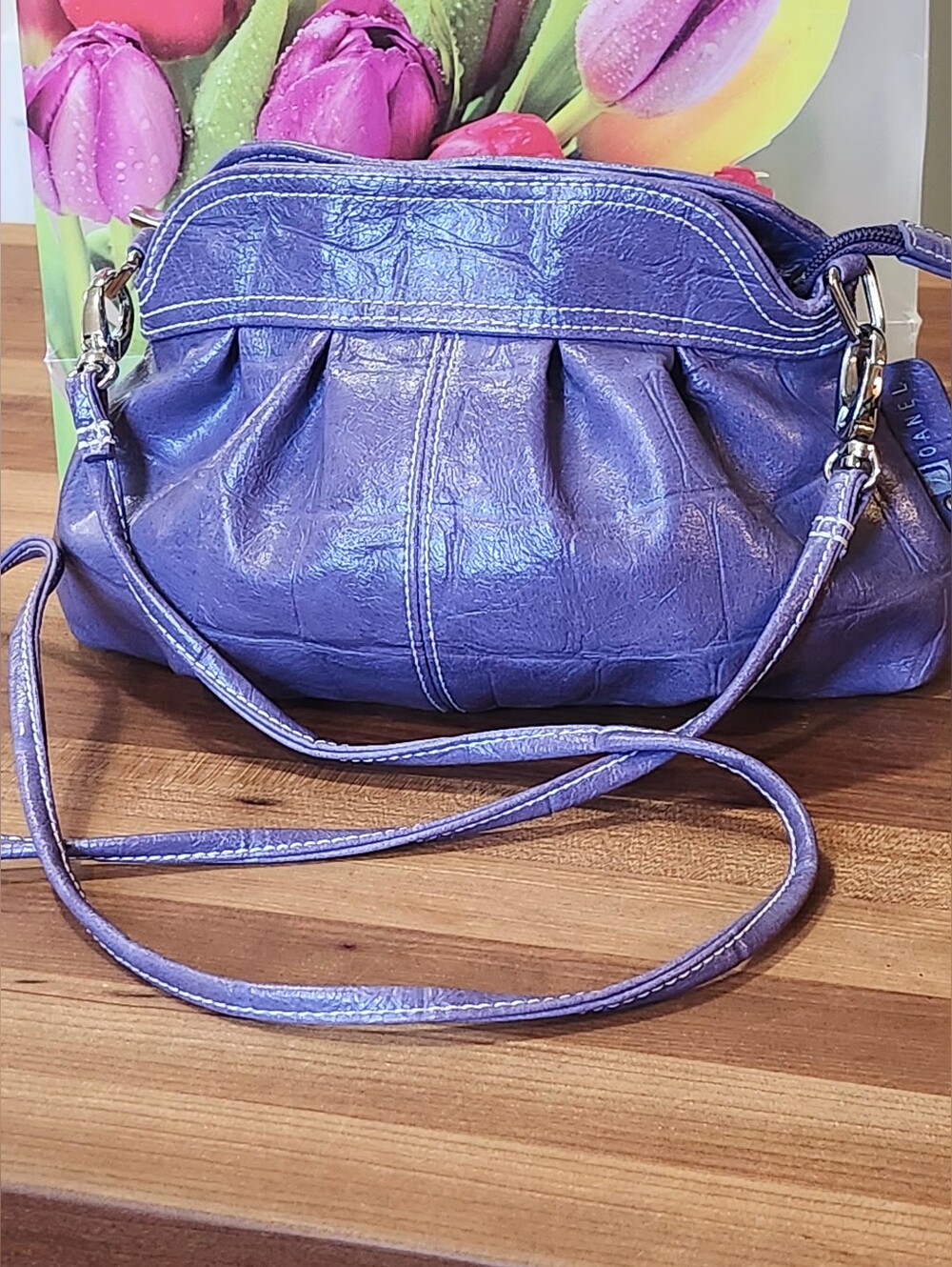 Like New, Vtg Joanel, Purple Faux-Crocodile Leather Crossbody Bag.